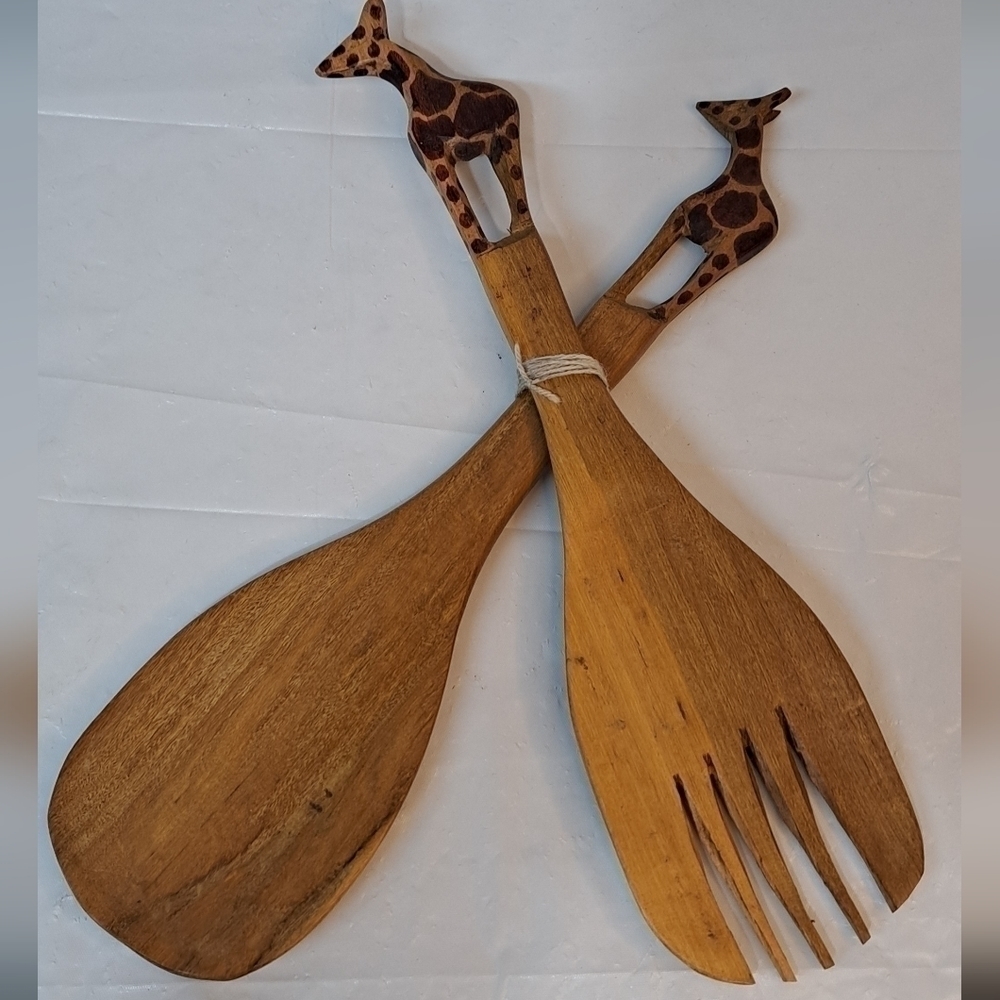 Vintage 1970's Hand Carved Wooden African Serving Utensils Giraffe Handles